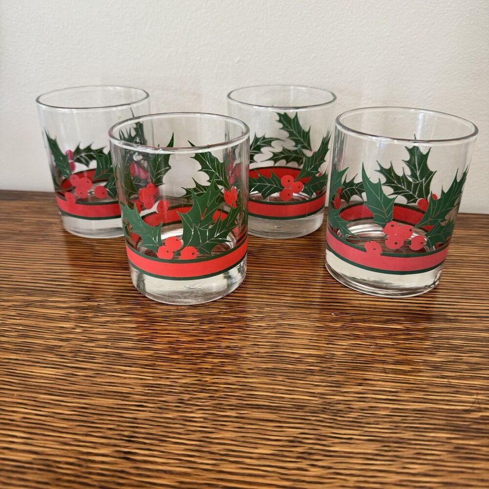 Vintage Libbey Holly Berry Lowball Rocks Glasses Set 4 Christmas Cocktail 10oz